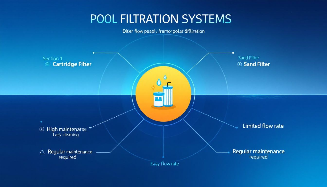 A comparison chart of different pool filtration systems highlighting their features and maintenance requirements.