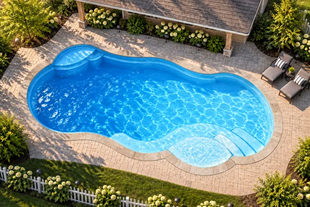 Daytime render of the Sun Day 1634 fiberglass pool with stone coping and a California interior, seen from above at an angle.