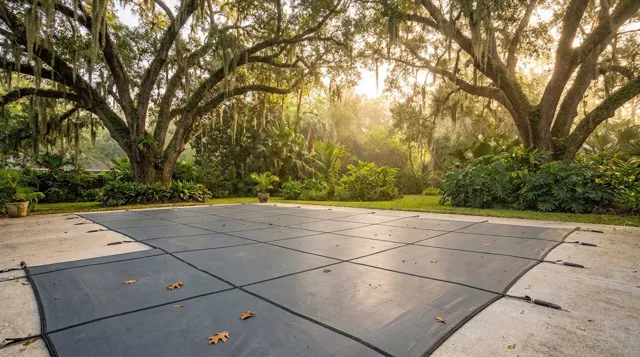Inground pool with a gray mesh safety cover under live oaks with Spanish moss in a Lafayette, Louisiana backyard