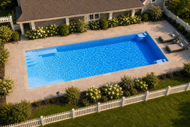 Daytime render of the Goliath 1641 fiberglass pool with stone coping and a California interior, seen from above at an angle.