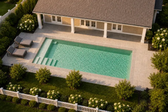 Daytime render of the The Vision 26 fiberglass pool with stone coping and a Beach Sand interior, seen from above at an angle.