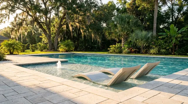Backyard swimming pool in Lafayette, Louisiana with a shallow tanning ledge, lounge chairs in the water, and a bubbler water feature