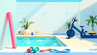 Essential equipment for pool workouts displayed beside a swimming pool.