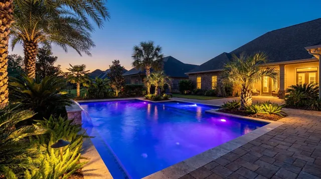 Backyard swimming pool in Lafayette, LA glowing with blue and purple LED lighting at twilight