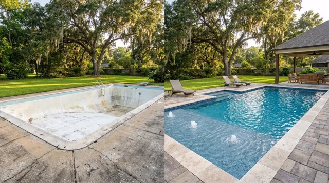 A dated backyard swimming pool beside a renovated pool with new quartz finish and paver decking in Lafayette, Louisiana