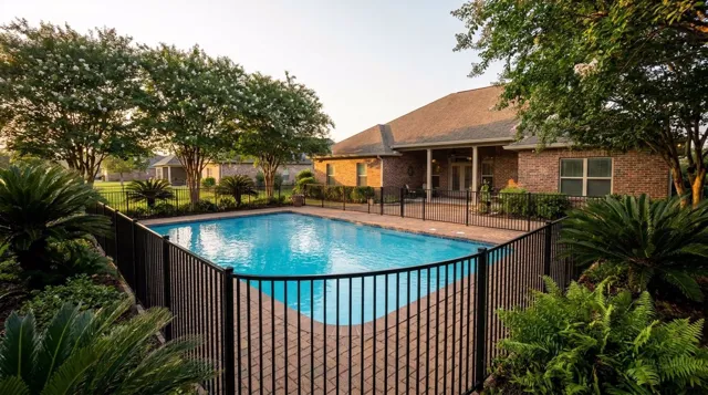 Backyard inground swimming pool in Lafayette, LA enclosed by a code-compliant black aluminum safety fence with a self-closing gate