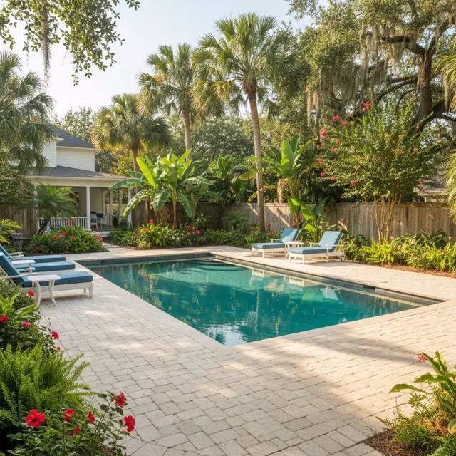 Beautiful backyard pool with interlocking paver deck surrounded by lush Louisiana landscaping