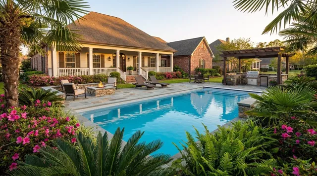 New fiberglass inground pool in a landscaped Lafayette, LA backyard at golden hour
