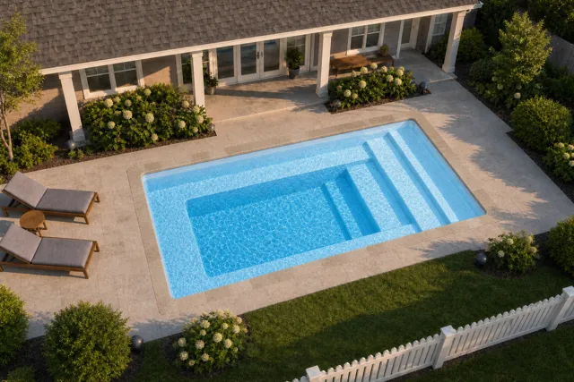 Daytime render of the Milan 8.14 fiberglass pool with stone coping and a Sapphire Blue interior, seen from above at an angle.