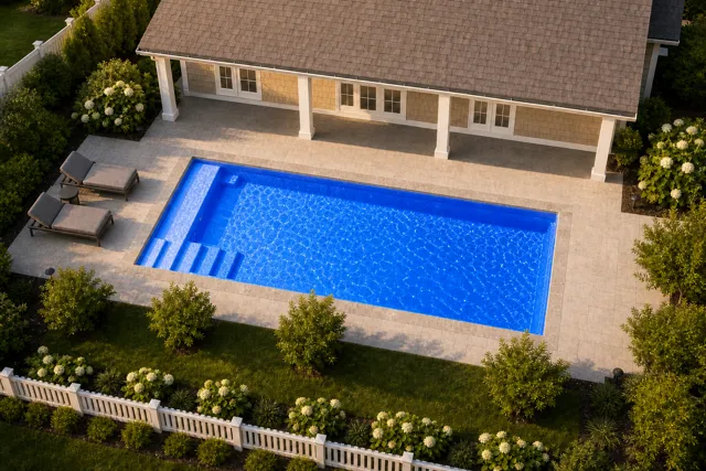 Daytime render of the The Vision 26 fiberglass pool with stone coping and a Ocean Blue interior, seen from above at an angle.