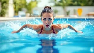 An individual performing aquatic exercises in a residential swimming pool.