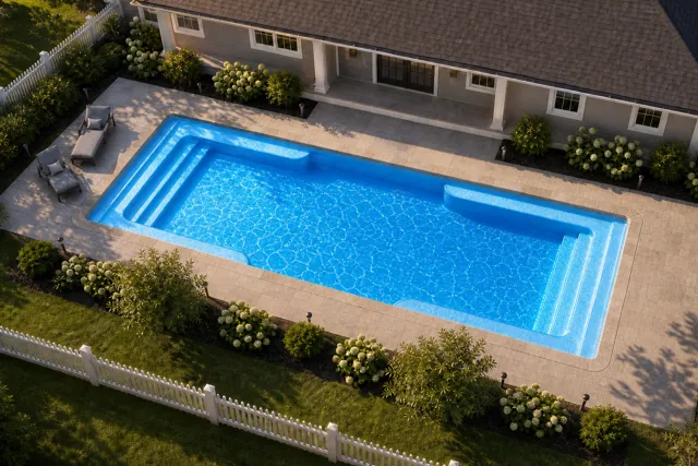 Daytime render of the Spirit fiberglass pool with stone coping and a California interior, seen from above at an angle.
