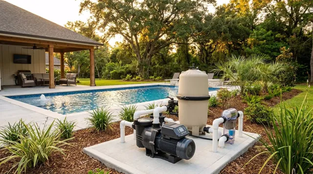 Backyard swimming pool in Lafayette, LA with an energy-efficient variable speed pool pump and filter on the equipment pad at golden hour